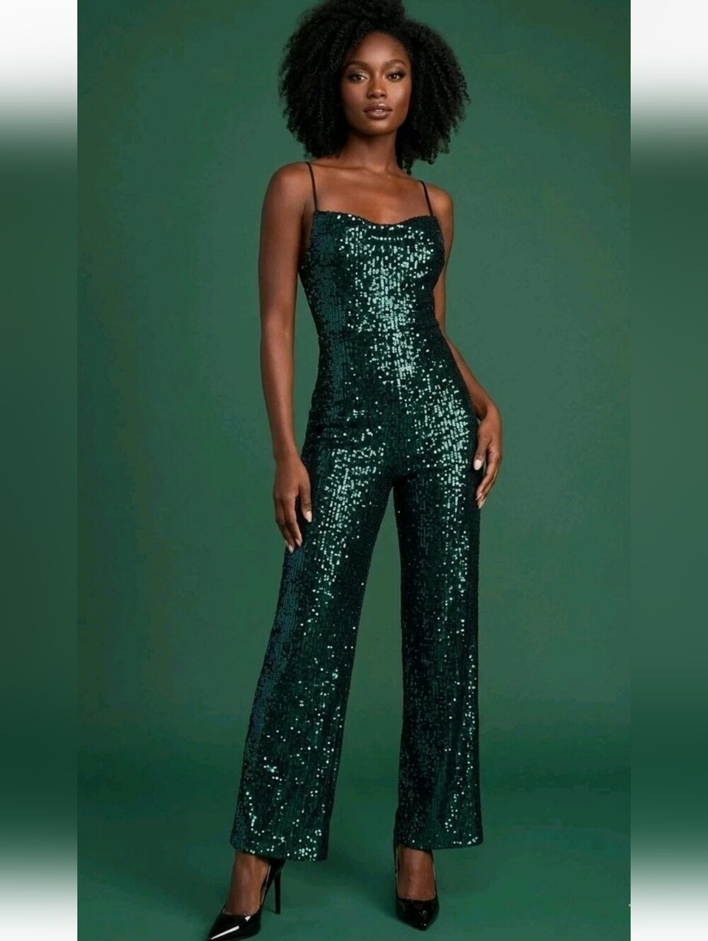 NWT! Lulus Dancing to the Music Green Iridescent Sequin Wide-Leg Jumpsuit Size M